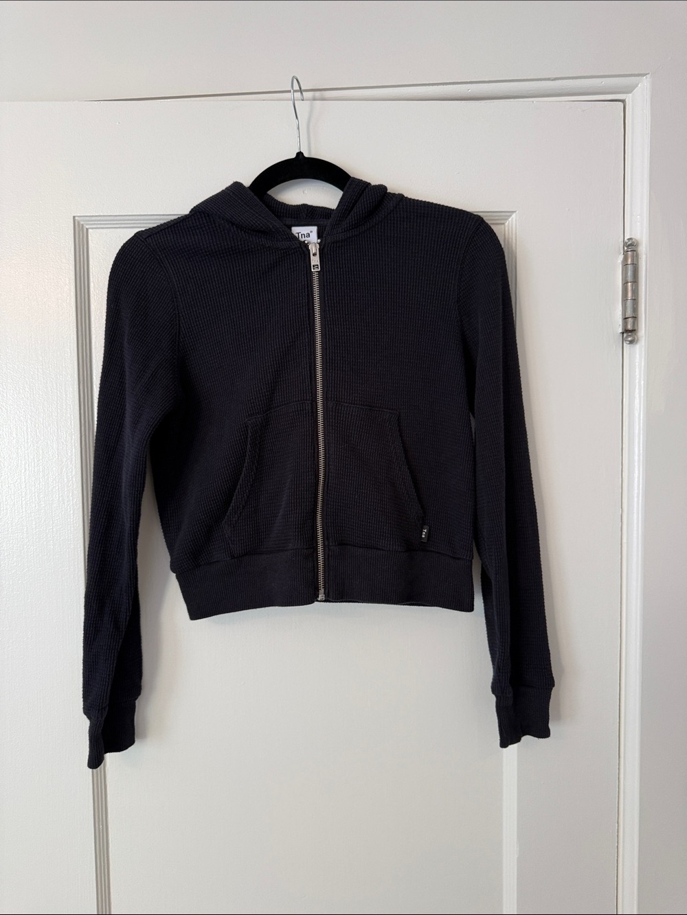 TNA Black Cropped Waffle-Knit Hooded Zip Jacket